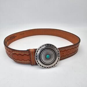 Justin Brown Top Grain Leather Belt C21254 Embossed Buckle Navajo Design Size 34